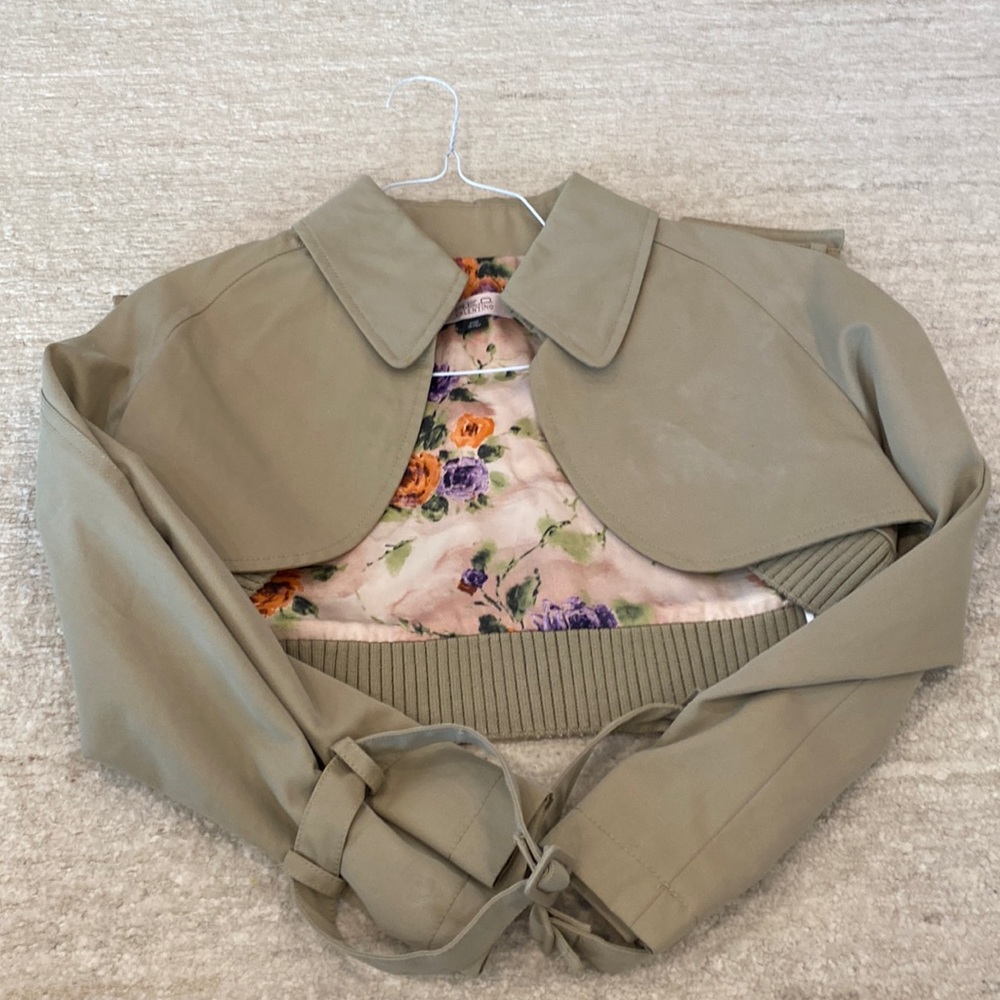 RED Valentino Olive Green Cropped Trench Jacket with Floral Lining